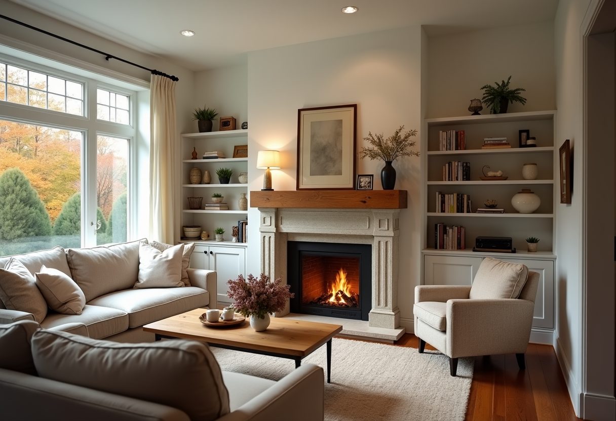 Lit stone fireplace in a bright living room — North Bethesda